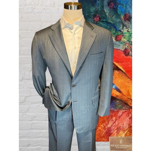 Hickey Freeman 44R 38x27 Gray with Ice Blue Multi-Stripe Quality Suit 3/2 Roll - Picture 1 of 16